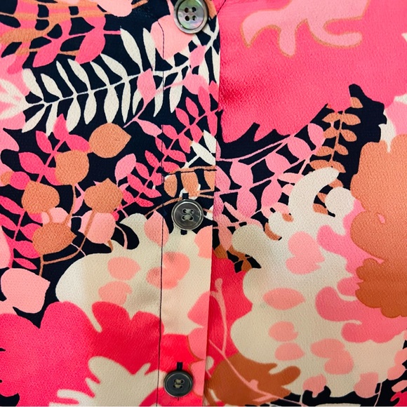 Talbots Pink & Navy Floral Print Tie Sleeve Button Back Blouse - Picture 4 of 8